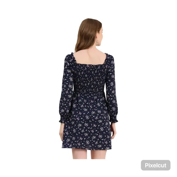 NWOT Size Medium Allegra K Navy Floral Long Sleeve Smocked Mini Dress - Picture 2 of 7